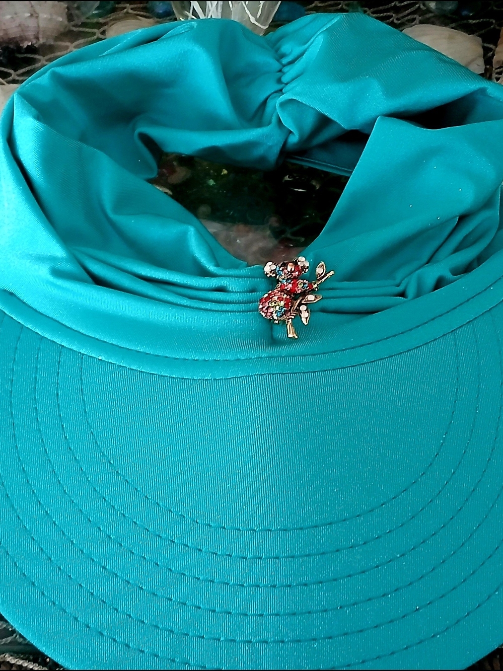 Turquoise Women's Scarf-Style Visor with Decorative Brooch